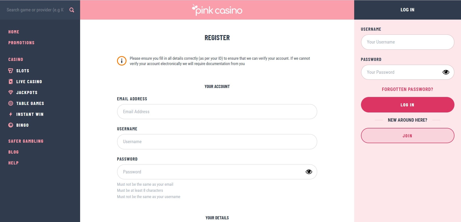 Pink Casino Registration