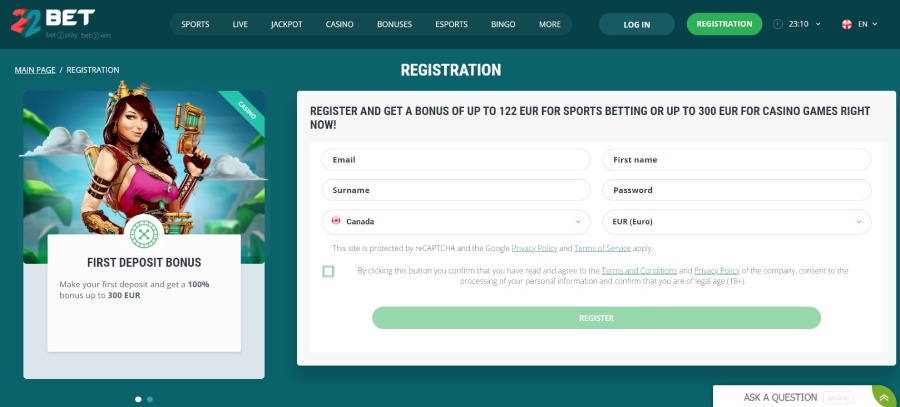22Bet Casino Registration